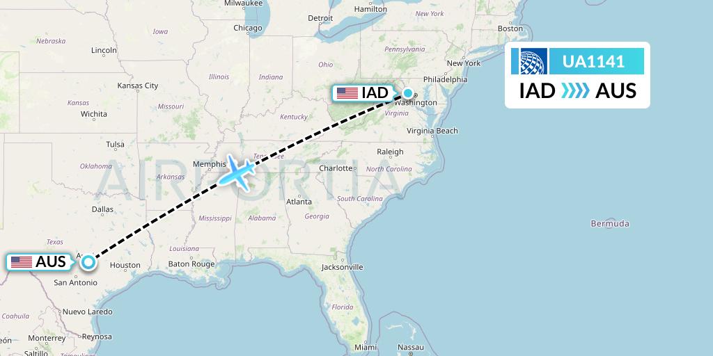 UA1141 United Airlines Flight Map: Washington to Austin
