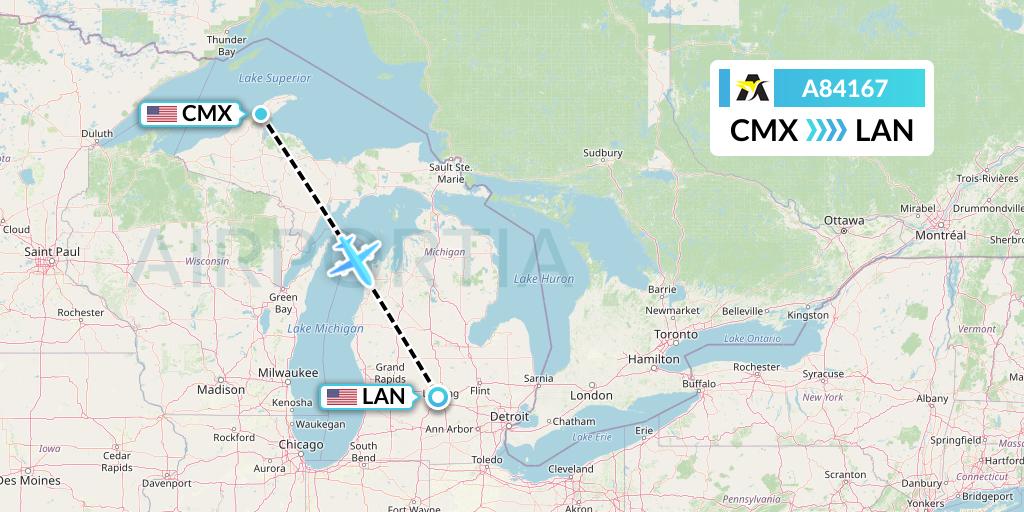 A84167 Aerolink Uganda Flight Map: Hancock to Lansing