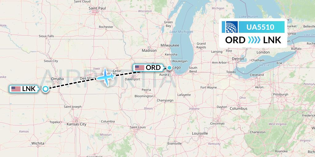 UA5510 United Airlines Flight Map: Chicago to Lincoln