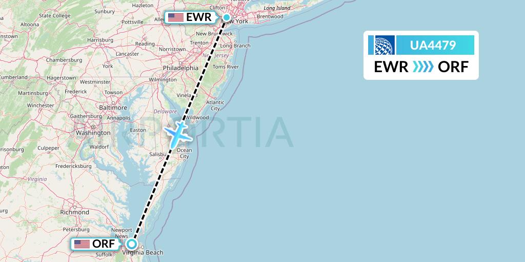 UA4479 United Airlines Flight Map: New York to Norfolk