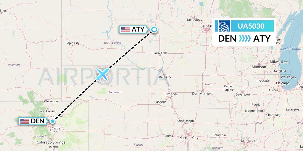 UA5030 United Airlines Flight Map: Denver to Watertown