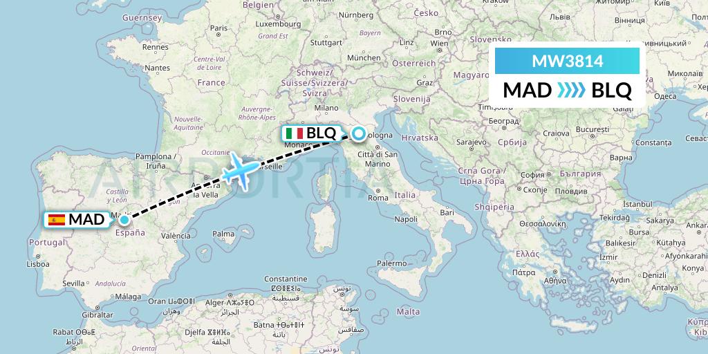 MW3814 Mokulele Flight Service Flight Map: Madrid to Bologna