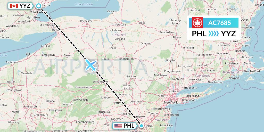 AC7685 Air Canada Flight Map: Philadelphia to Toronto
