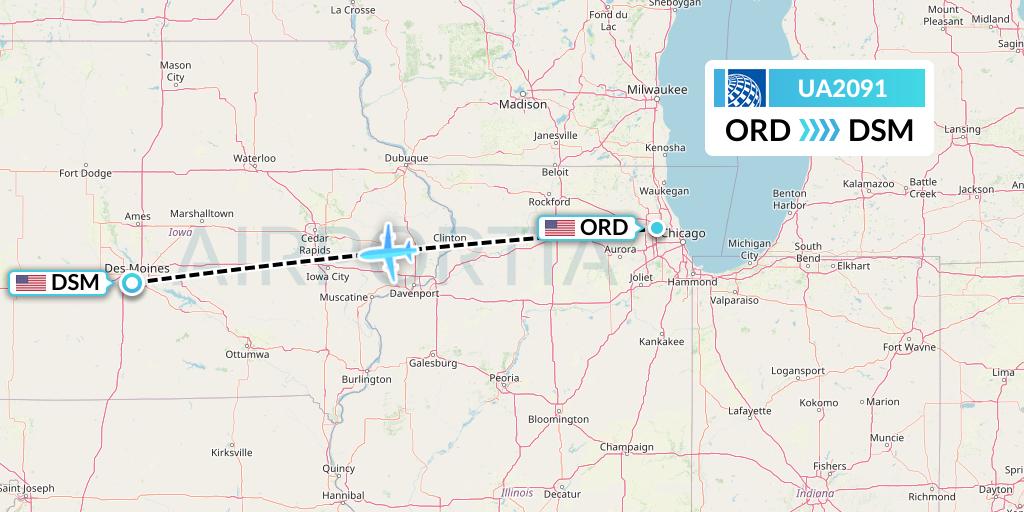 UA2091 United Airlines Flight Map: Chicago to Des Moines
