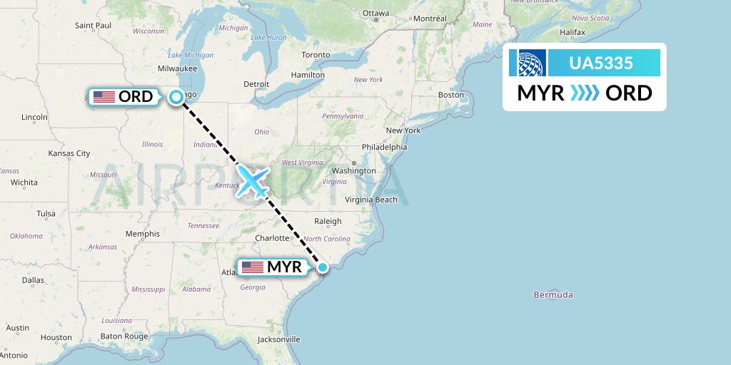 UA5335 United Airlines Flight Map: Myrtle Beach to Chicago