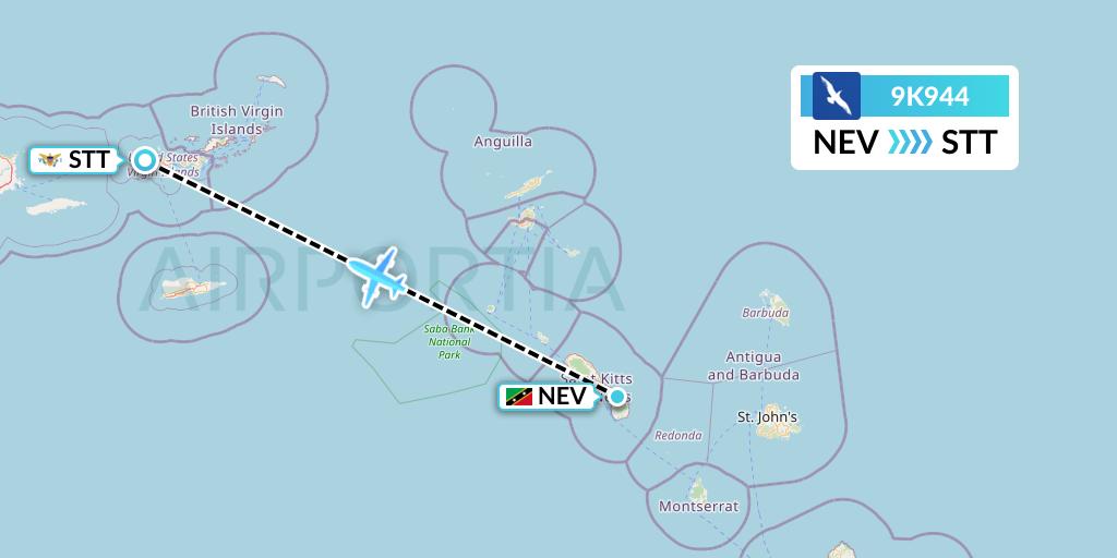 9K944 Cape Air Flight Map: Nevis to St. Thomas