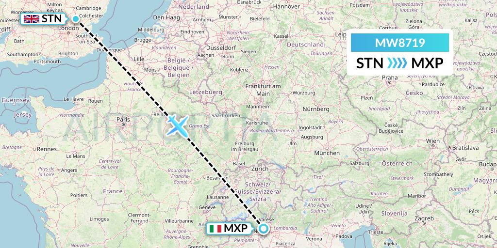 MW8719 Mokulele Flight Service Flight Map: London to Milan
