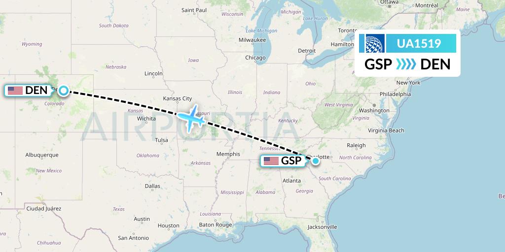 UA1519 United Airlines Flight Map: Greenville-Spartanburg to Denver