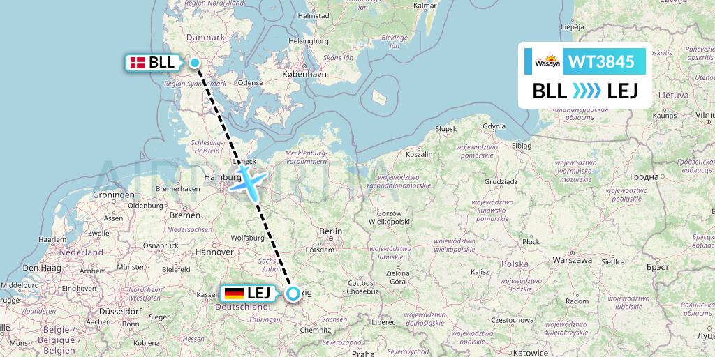 WT3845 Swiftair Flight Map: Billund to Leipzig