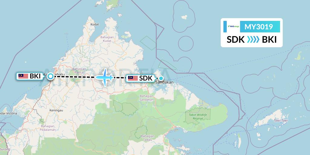 MY3019 MASwings Flight Map: Sandakan to Kota Kinabalu