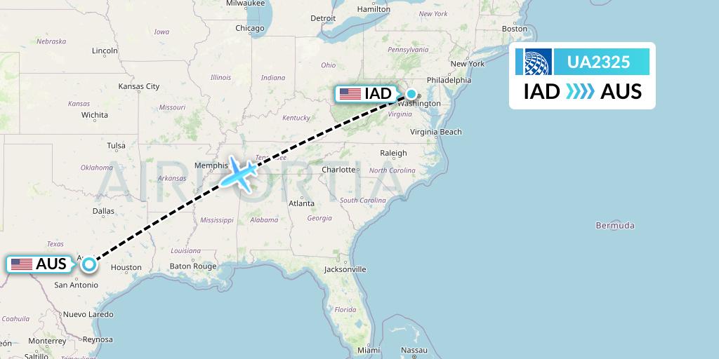 UA2325 United Airlines Flight Map: Washington to Austin