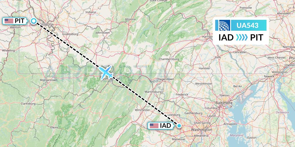 UA543 United Airlines Flight Map: Washington to Pittsburgh