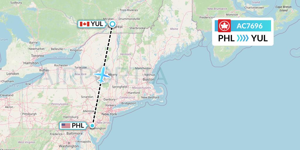 AC7696 Air Canada Flight Map: Philadelphia to Montreal