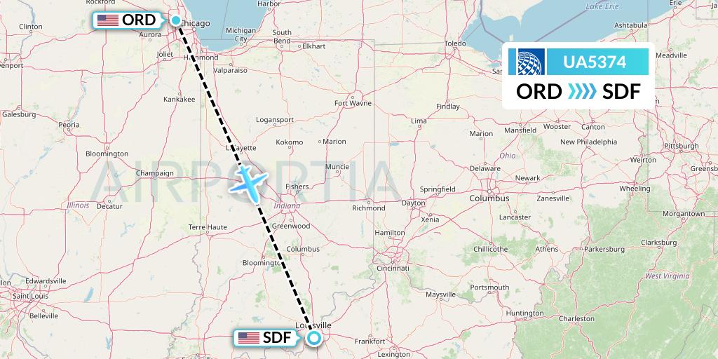 UA5374 United Airlines Flight Map: Chicago to Louisville