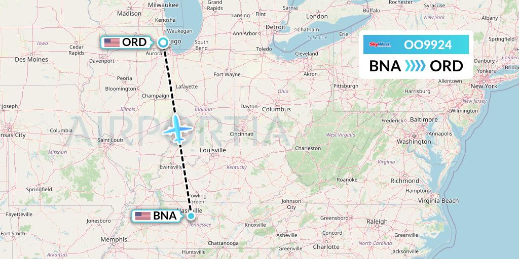 OO9924 SkyWest Airlines Flight Map: Nashville to Chicago