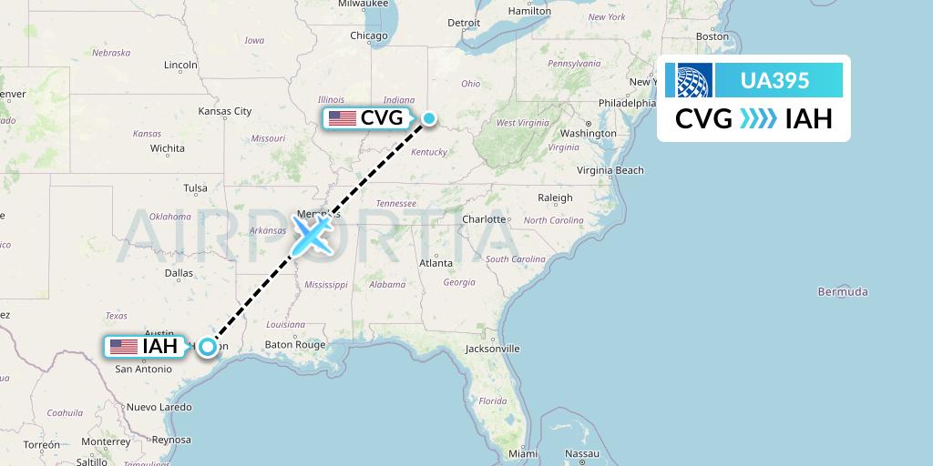 UA395 United Airlines Flight Map: Cincinnati to Houston