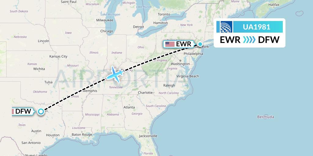 UA1981 United Airlines Flight Map: New York to Dallas