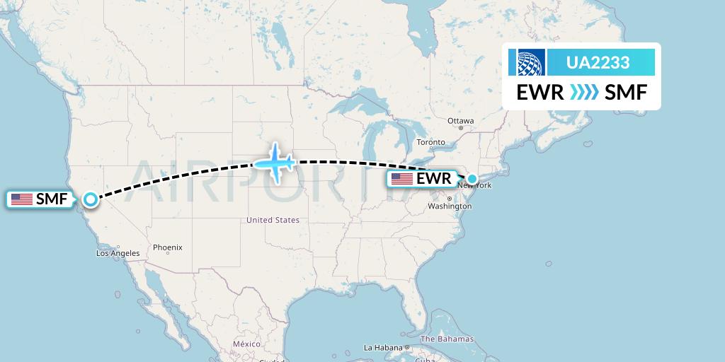 UA2233 United Airlines Flight Map: New York to Sacramento