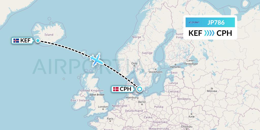JP786 Adria Airways Flight Map: Reykjavik to Copenhagen