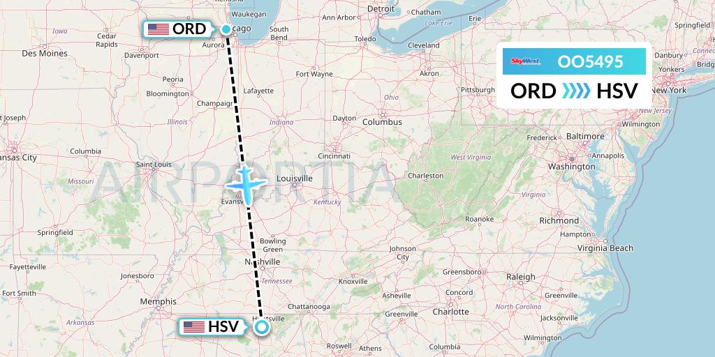 OO5495 SkyWest Airlines Flight Map: Chicago to Huntsville