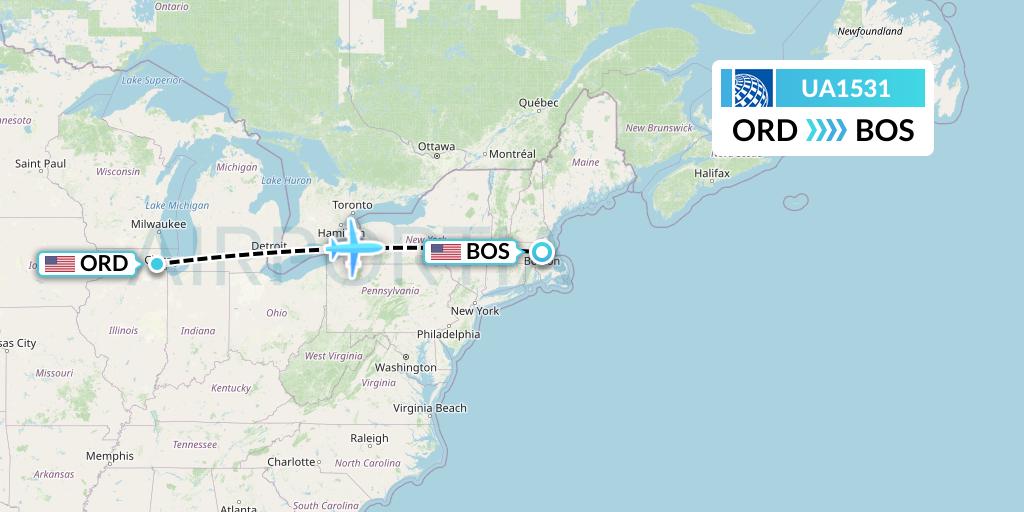 UA1531 United Airlines Flight Map: Chicago to Boston