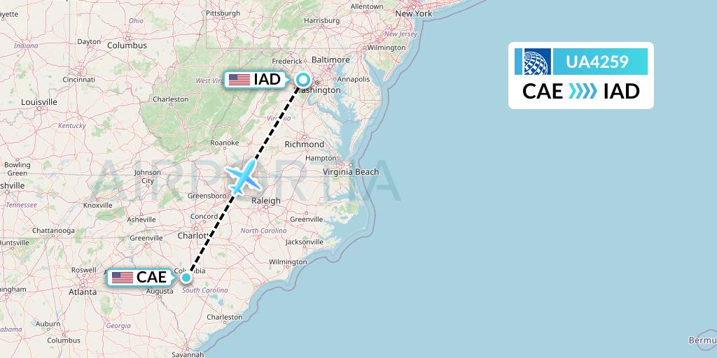 UA4259 United Airlines Flight Map: Columbia to Washington