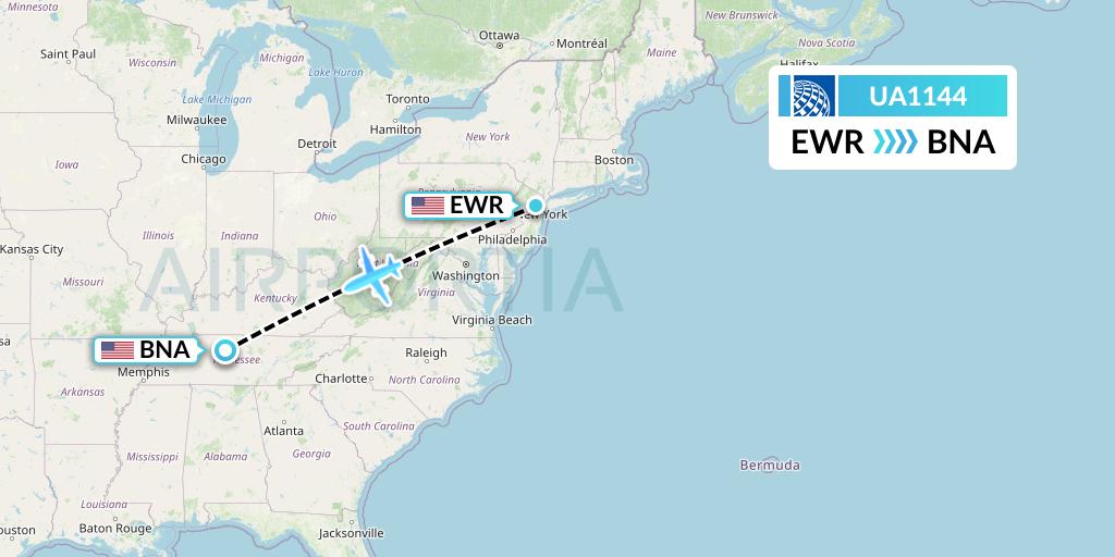 UA1144 United Airlines Flight Map: New York to Nashville