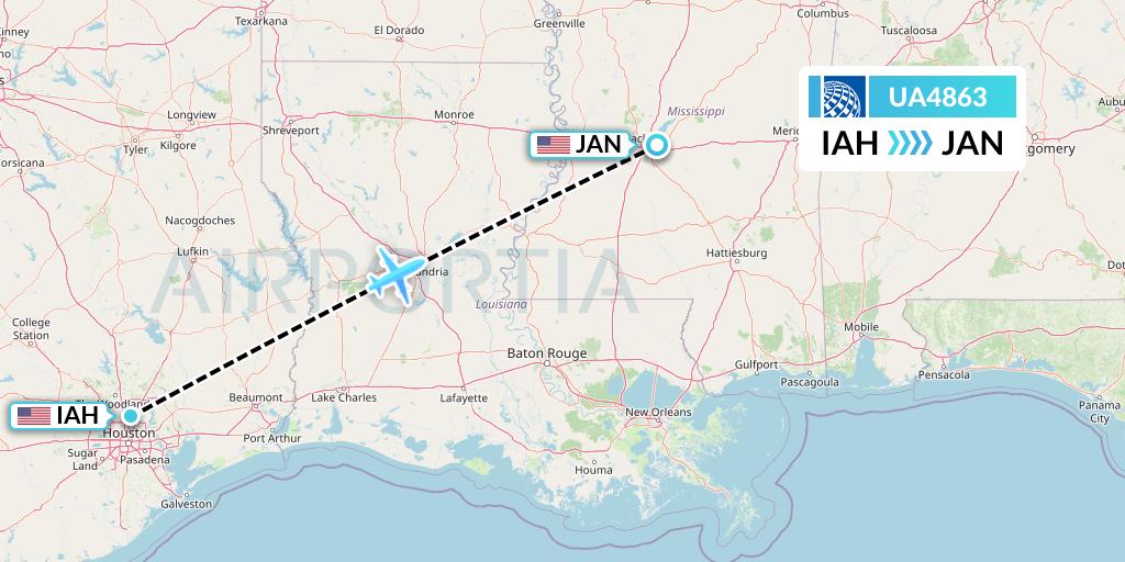 UA4863 United Airlines Flight Map: Houston to Jackson