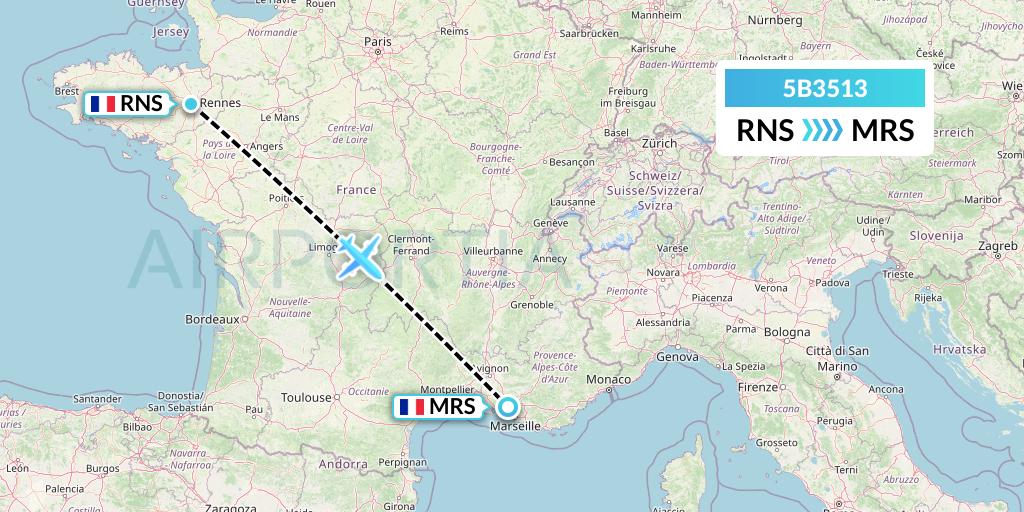 5B3513 Bassaka Air Limited Flight Map: Rennes to Marseille