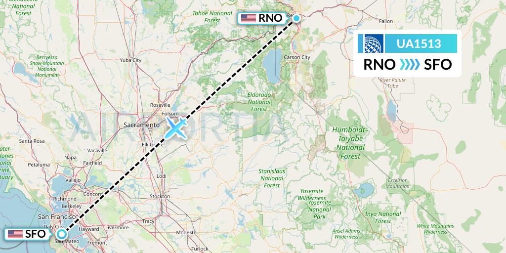 UA1513 United Airlines Flight Map: Reno to San Francisco