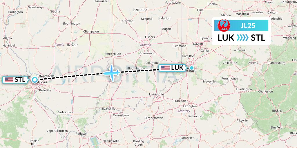 JL25 Japan Airlines Flight Map: Cincinnati to St. Louis