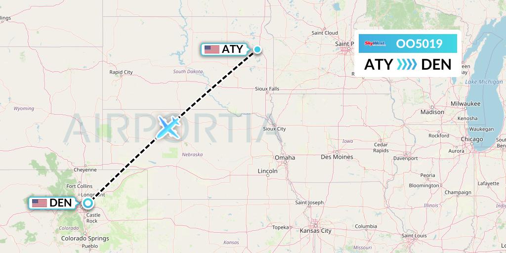 OO5019 SkyWest Airlines Flight Map: Watertown to Denver