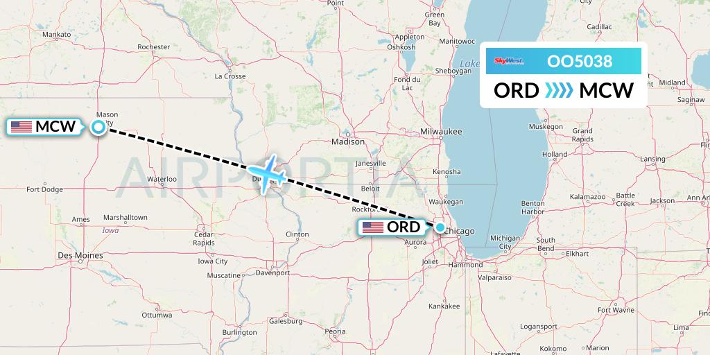 OO5038 SkyWest Airlines Flight Map: Chicago to Mason City