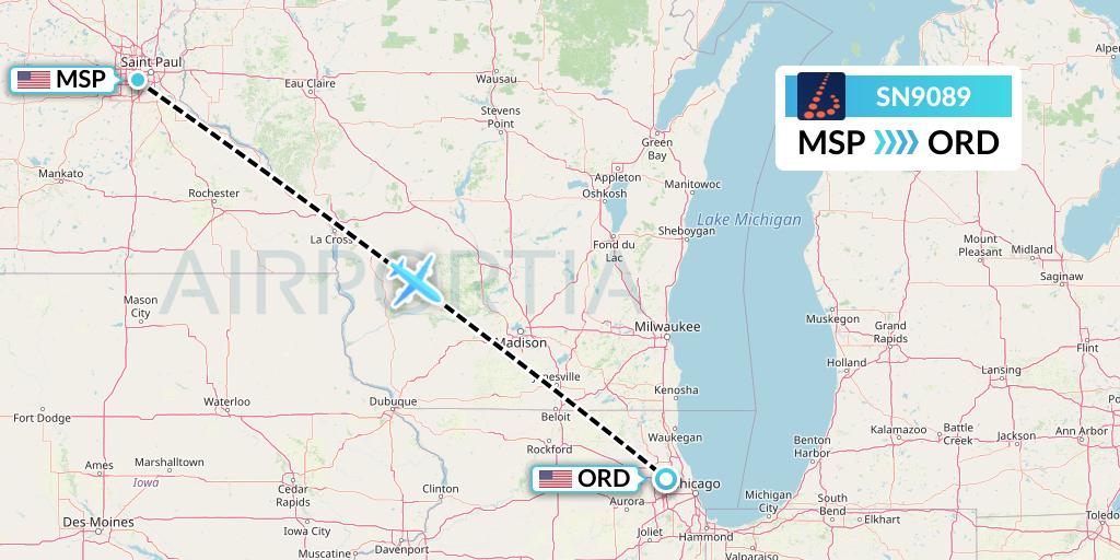 SN9089 Brussels Airlines Flight Map: Minneapolis to Chicago