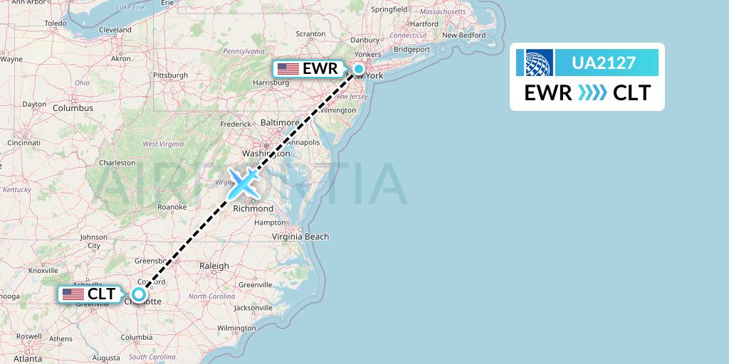 UA2127 United Airlines Flight Map: New York to Charlotte
