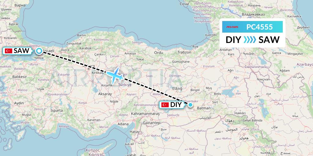 PC4555 Pegasus Airlines Flight Map: Diyarbakir to Istanbul