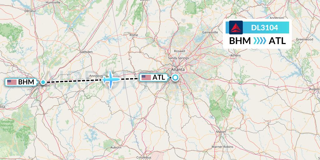 DL3104 Delta Air Lines Flight Map: Birmingham to Atlanta