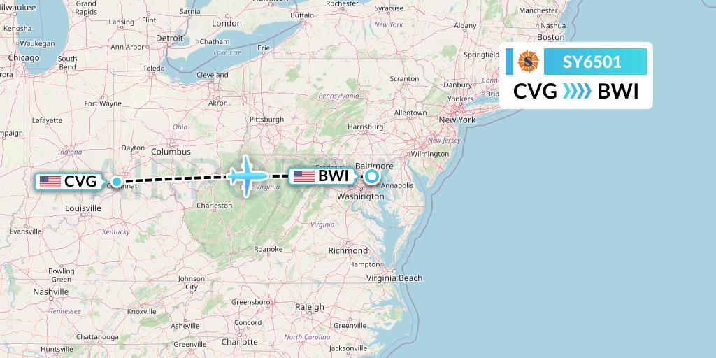 SY6501 Sun Country Airlines Flight Map: Cincinnati to Baltimore