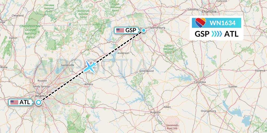 WN1634 Southwest Airlines Flight Map: Greenville-Spartanburg to Atlanta