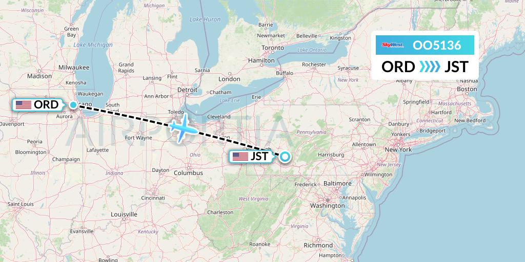 OO5136 SkyWest Airlines Flight Map: Chicago to Johnstown