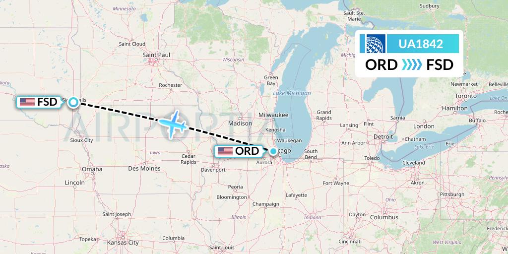 UA1842 United Airlines Flight Map: Chicago to Sioux Falls