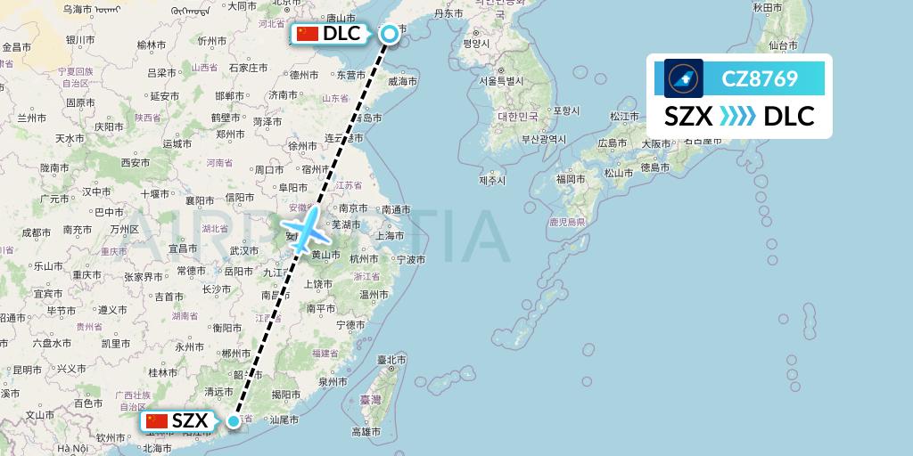 CZ8769 China Southern Airlines Flight Map: Shenzhen to Dalian