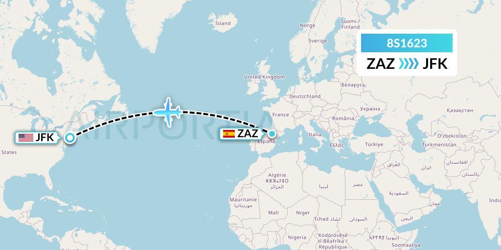 8S1623 Shun Tak-China Travel Ship Mgmt. Ltd. Flight Map: Zaragoza to New York