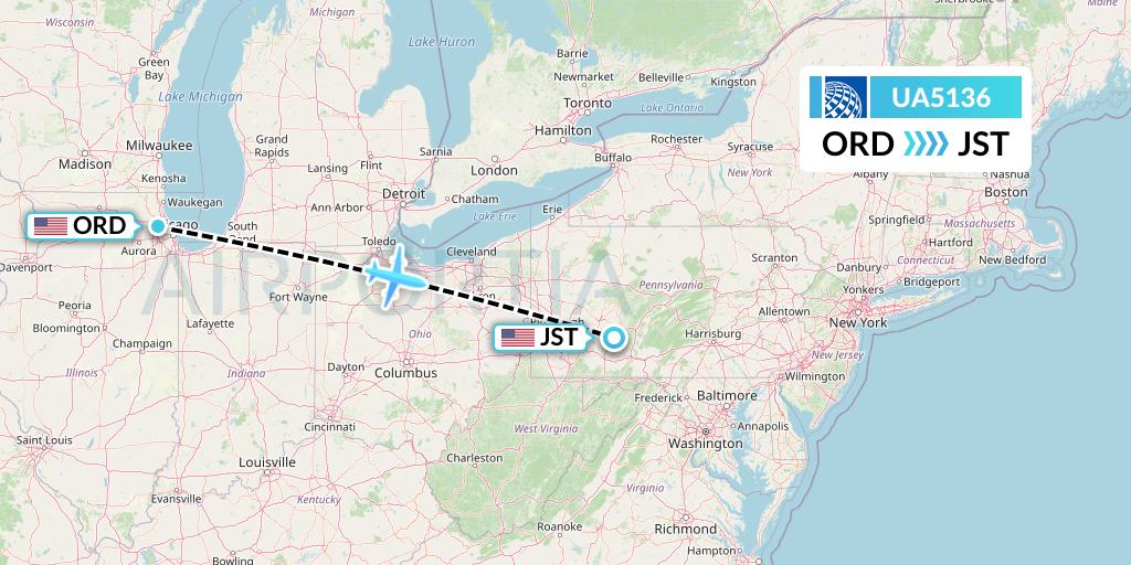 UA5136 United Airlines Flight Map: Chicago to Johnstown