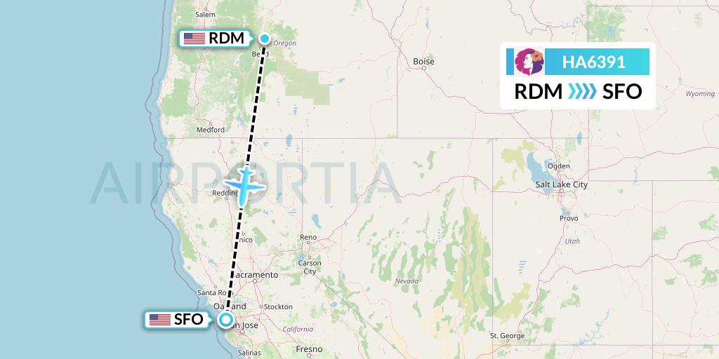 HA6391 Hawaiian Airlines Flight Map: Redmond to San Francisco
