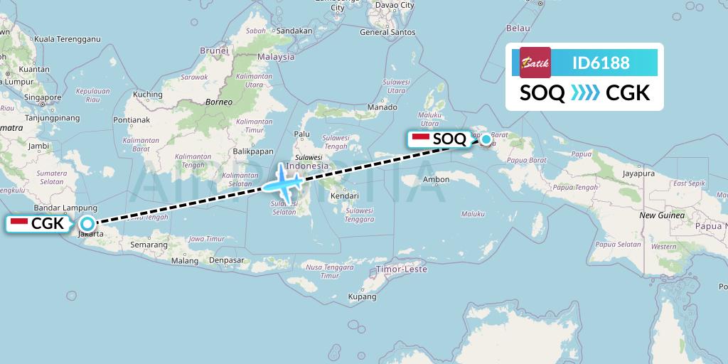 ID6188 Batik Air Flight Map: Sorong to Jakarta