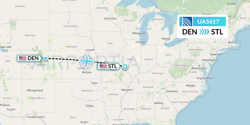 UA5617 United Airlines Flight Map: Denver to St. Louis