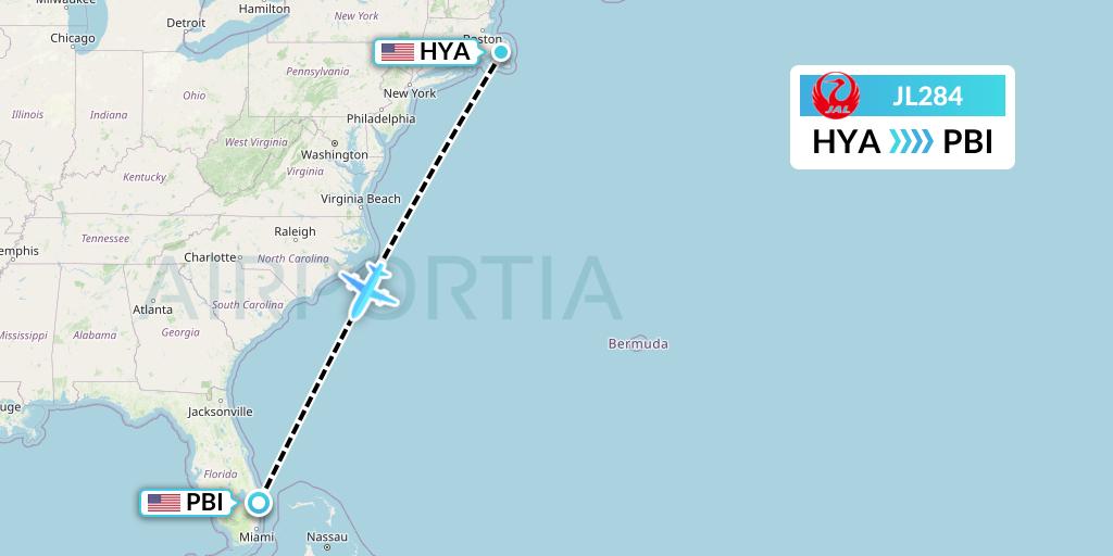 JL284 Japan Airlines Flight Map: Hyannis to West Palm Beach