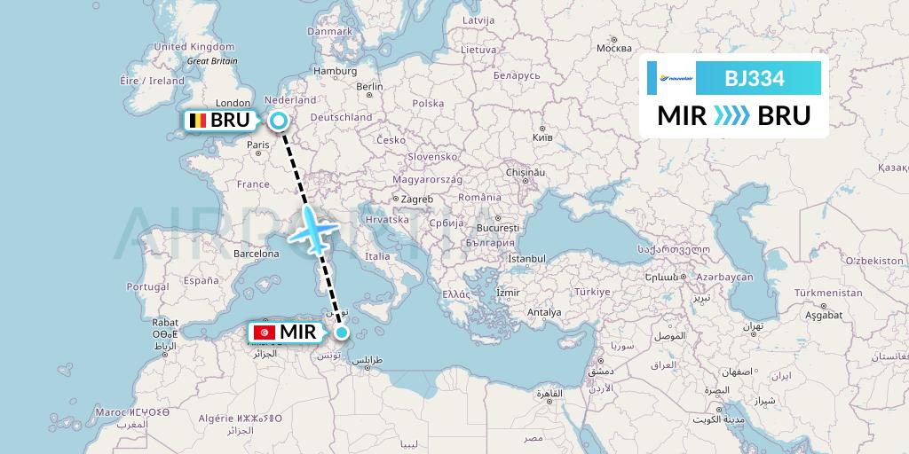 BJ334 Nouvelair Tunisie Flight Map: Monastir to Brussels
