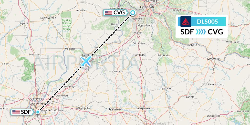 DL5005 Delta Air Lines Flight Map: Louisville to Cincinnati